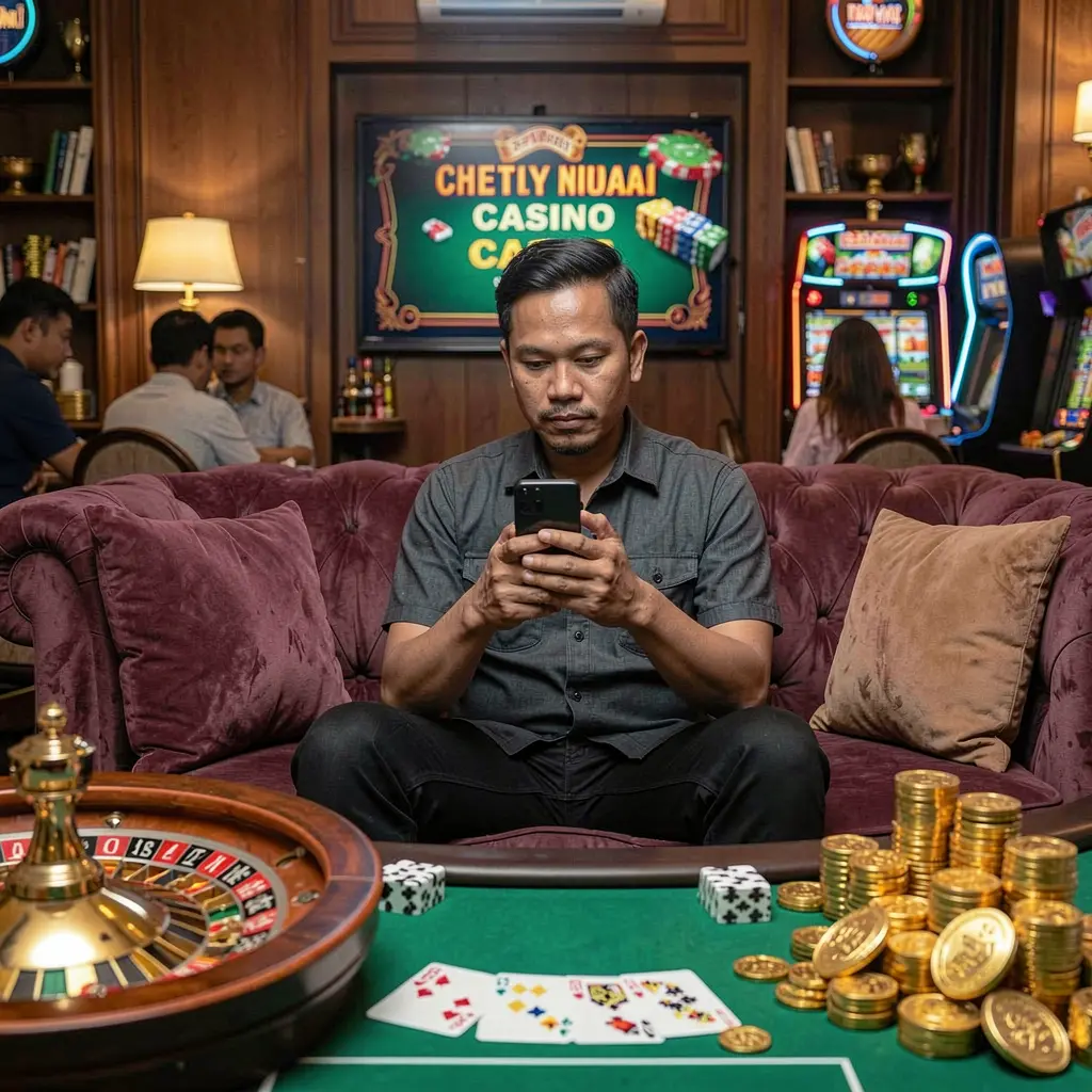 UH777 App – A smooth and engaging mobile casino experience for Indonesian players Indonesian player enjoying the UH777 casino app on his phone with roulette wheels playing cards and gold coins around him