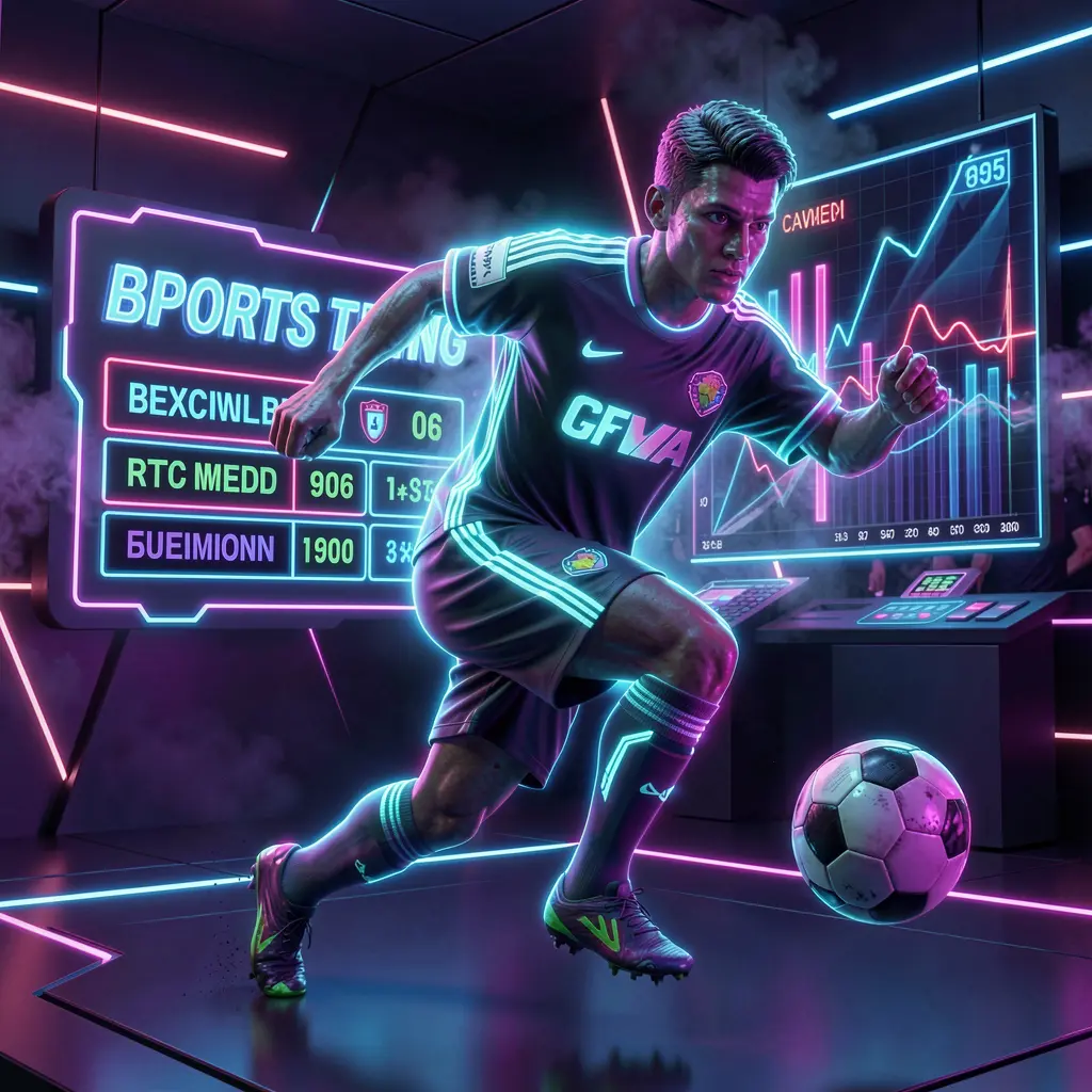 UH777 – Experience next level soccer betting excitement in Indonesia Futuristic neon soccer player controlling the ball inside a digital arena representing high tech sports betting on UH777 in Indonesia
