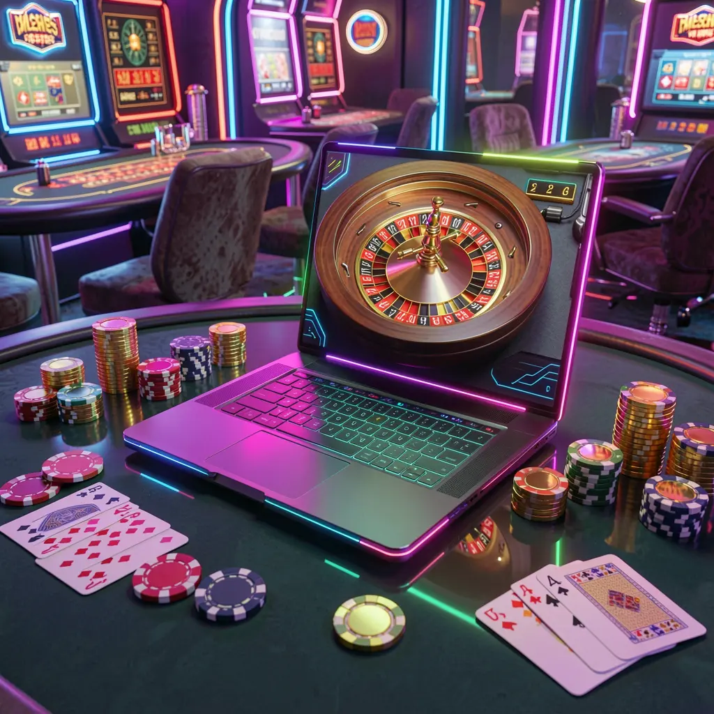 UH777 – Experience immersive online roulette gameplay in Indonesia Futuristic online roulette game on a sleek laptop surrounded by casino chips and coins showcasing the premium UH777 casino experience for Indonesian players