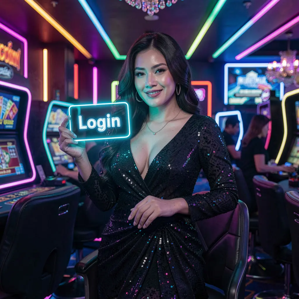 UH777 Login – Secure and stylish access to your gaming account in Indonesia Elegant Indonesian woman in a luxurious dress holding a glowing login card in a futuristic casino setting at UH777