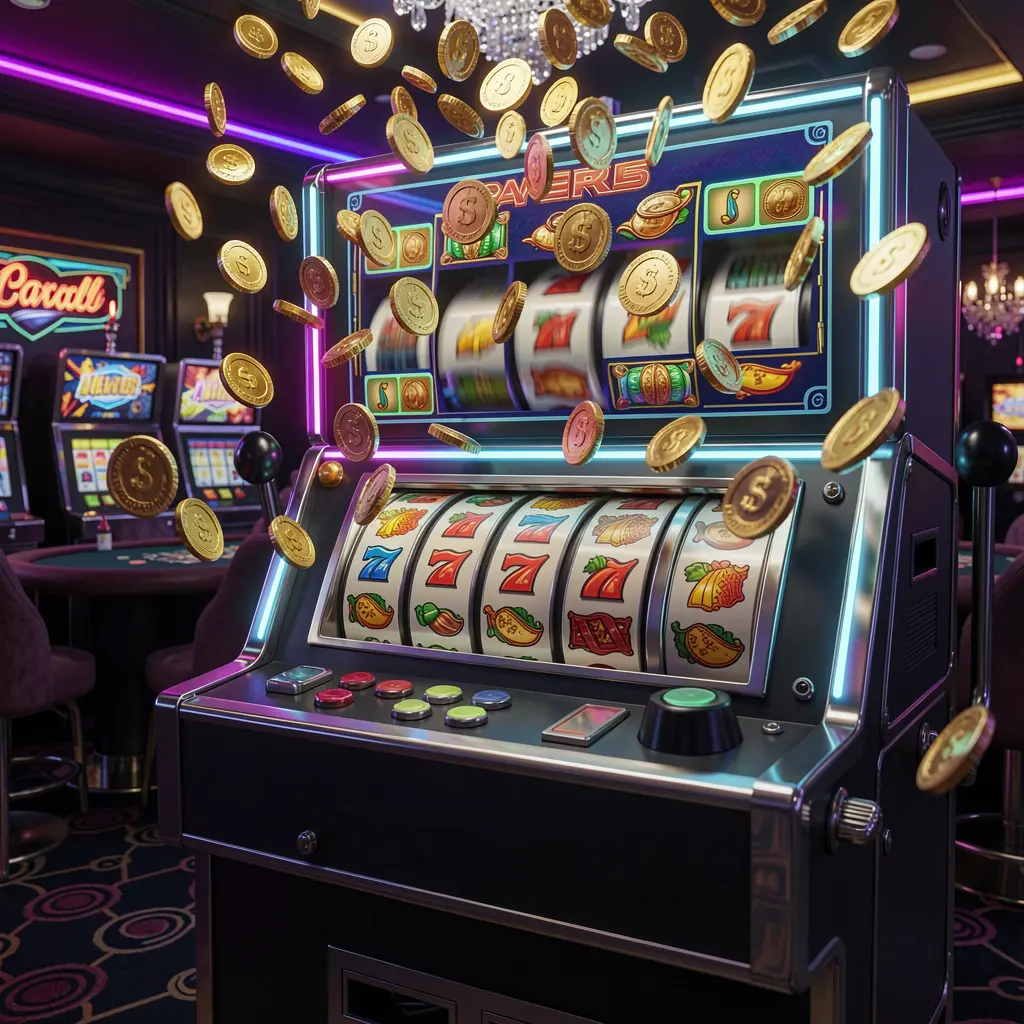 UH777 – Experience the excitement of winning slots in Indonesia Glowing UH777 slot machine with spinning reels and jackpot coins bursting out in a vibrant casino style scene